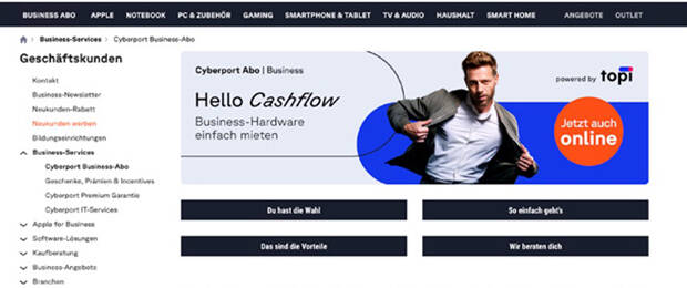 Mit einem neuen Business-Abo bietet Cyberport B2B-Kunden in Zusammenarbeit mit topi eine flexible Mietlösung für IT-Produkte. (Screenshot der Cyberport-Website)